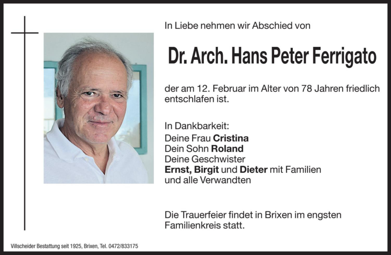  Traueranzeige für Hans Peter Ferrigato vom 14.02.2020 aus Dolomiten