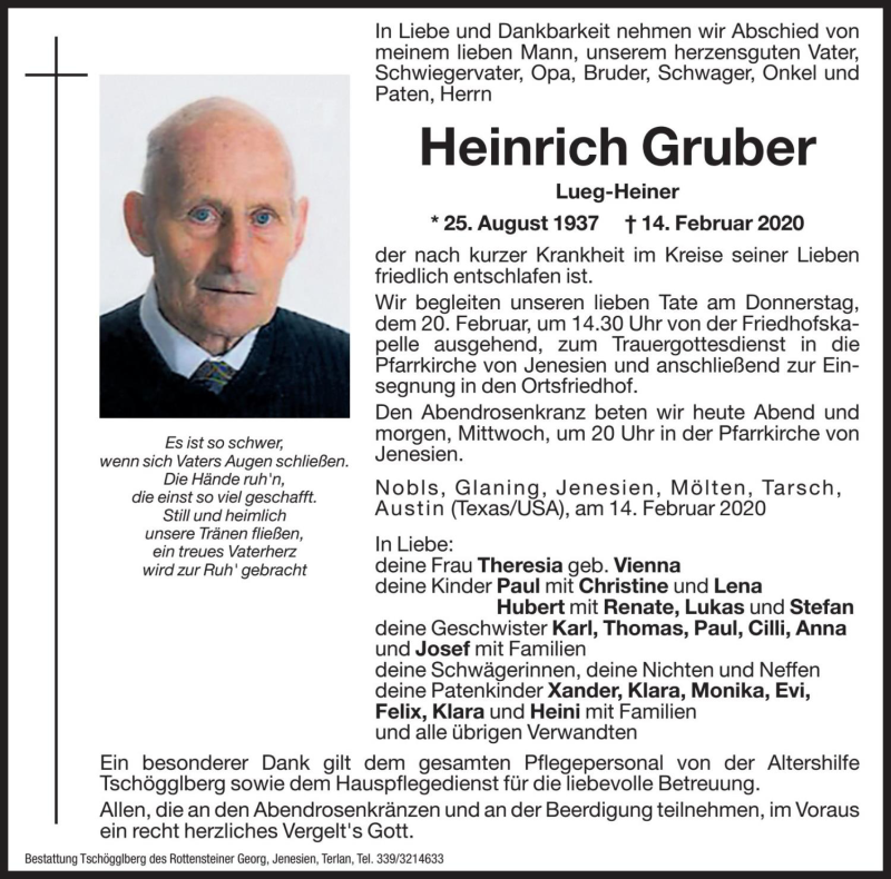  Traueranzeige für Heinrich Gruber vom 18.02.2020 aus Dolomiten