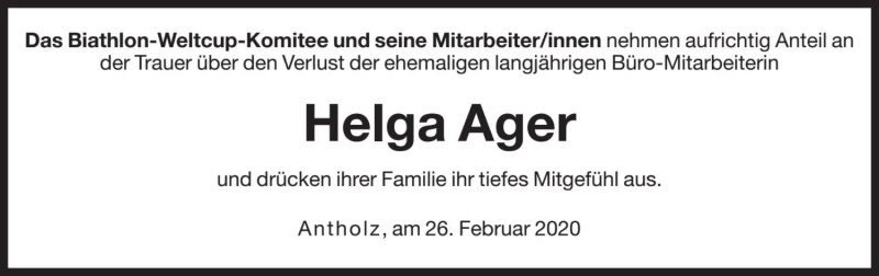  Traueranzeige für Helga Ager vom 27.02.2020 aus Dolomiten