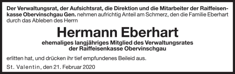  Traueranzeige für Hermann Eberhart vom 22.02.2020 aus Dolomiten
