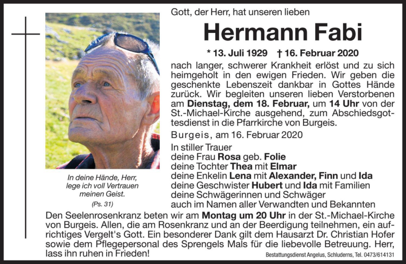  Traueranzeige für Hermann Fabi vom 17.02.2020 aus Dolomiten