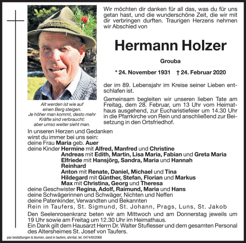  Traueranzeige für Hermann Holzer vom 26.02.2020 aus Dolomiten