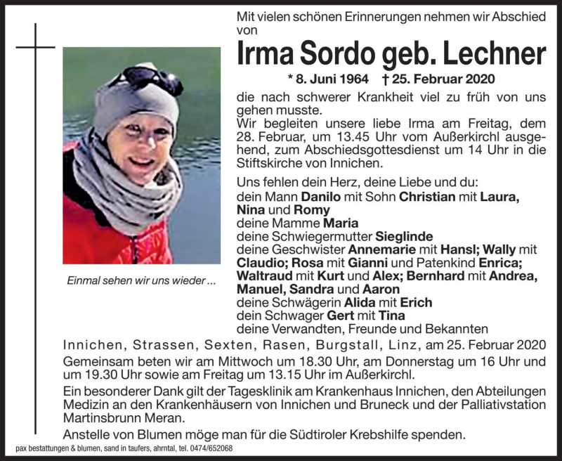  Traueranzeige für Irma Sordo vom 26.02.2020 aus Dolomiten