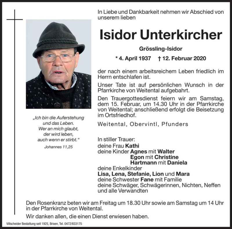  Traueranzeige für Isidor Unterkircher vom 14.02.2020 aus Dolomiten