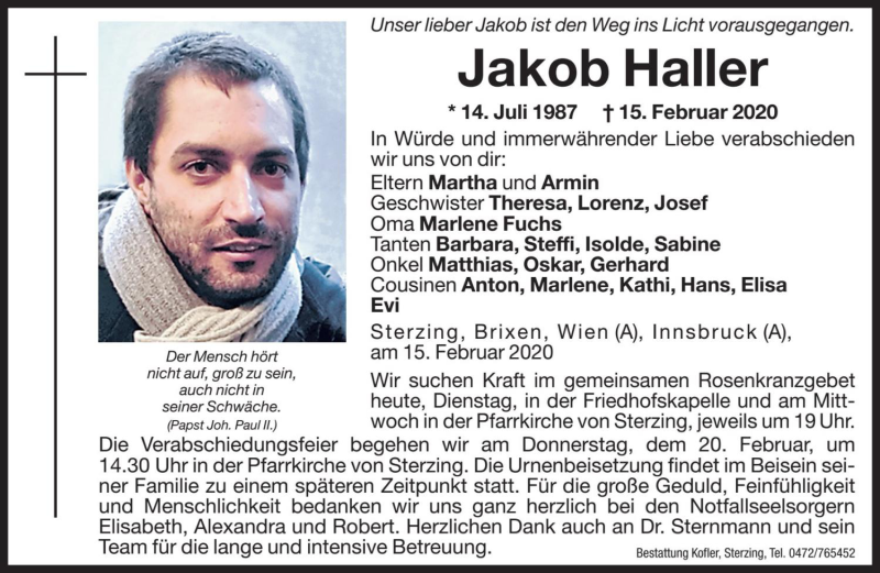  Traueranzeige für Jakob Haller vom 18.02.2020 aus Dolomiten