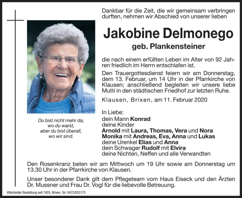  Traueranzeige für Jakobine Delmonego vom 12.02.2020 aus Dolomiten
