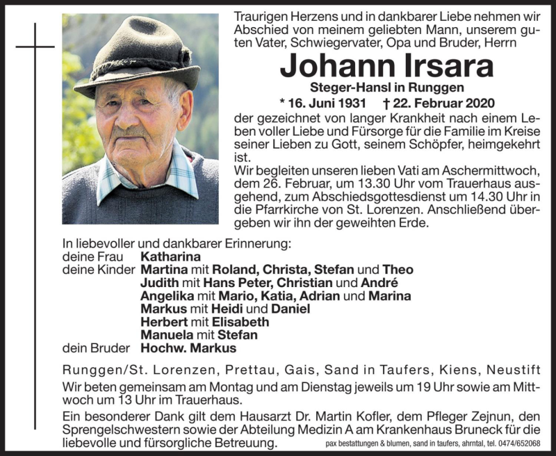  Traueranzeige für Johann Irsara vom 24.02.2020 aus Dolomiten