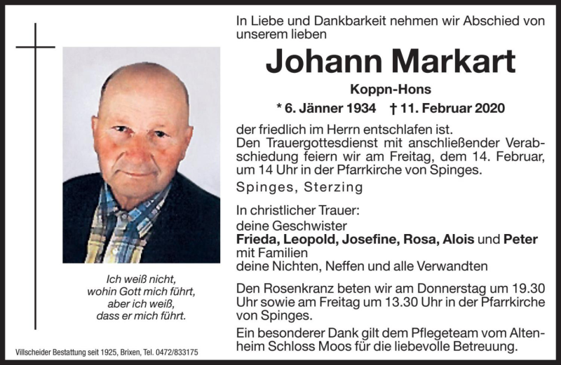 Traueranzeige für Johann Markart vom 13.02.2020 aus Dolomiten