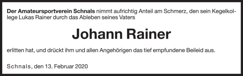  Traueranzeige für Johann Rainer vom 13.02.2020 aus Dolomiten