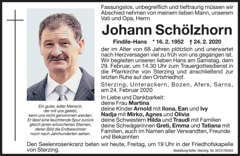  Traueranzeige für Johann Schölzhorn vom 28.02.2020 aus Dolomiten