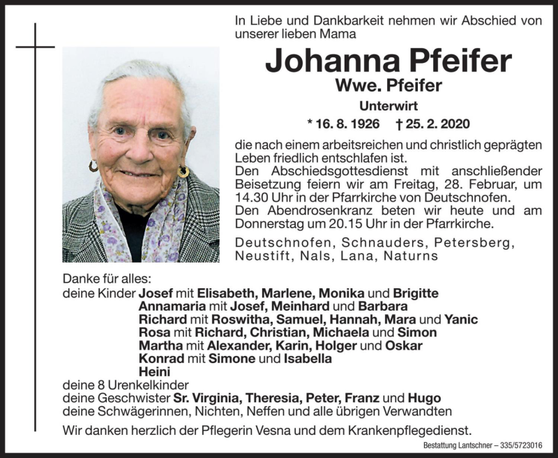  Traueranzeige für Johanna Pfeifer vom 26.02.2020 aus Dolomiten