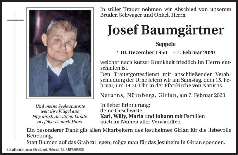  Traueranzeige für Josef Baumgärtner vom 14.02.2020 aus Dolomiten