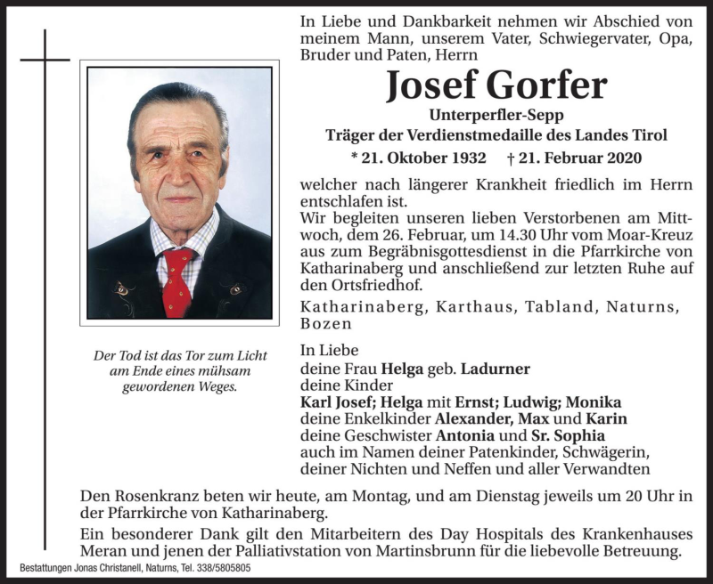  Traueranzeige für Josef Gorfer vom 24.02.2020 aus Dolomiten