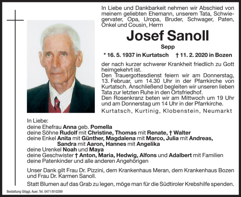  Traueranzeige für Josef Sanoll vom 12.02.2020 aus Dolomiten