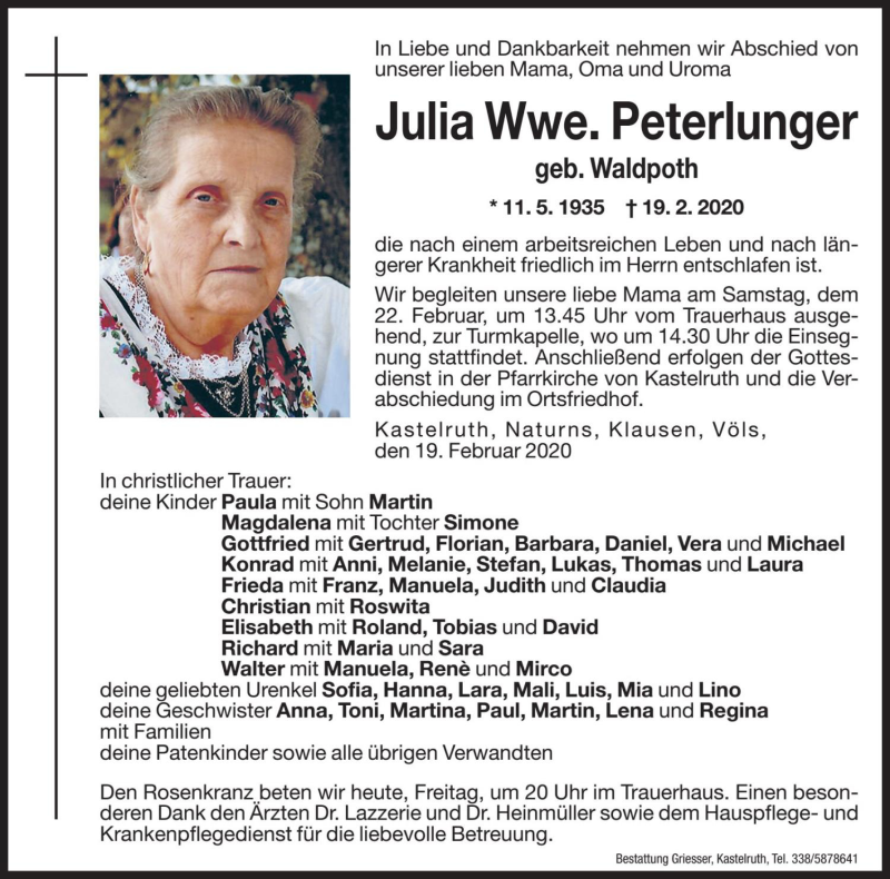  Traueranzeige für Julia Peterlunger vom 21.02.2020 aus Dolomiten