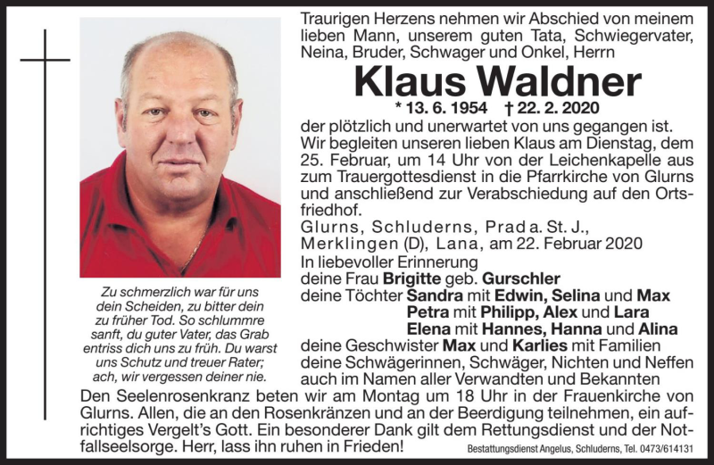  Traueranzeige für Klaus Waldner vom 24.02.2020 aus Dolomiten
