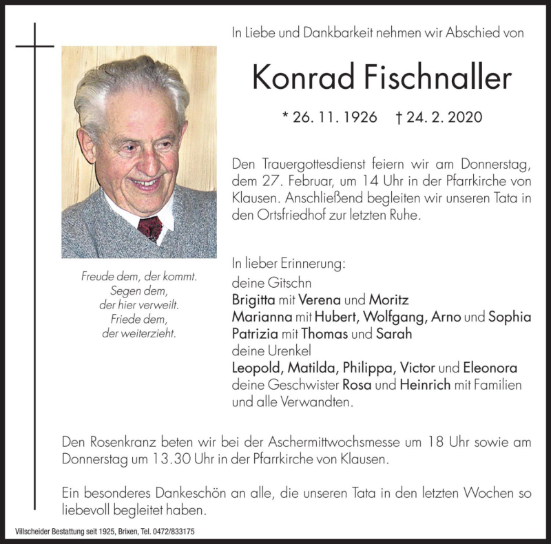  Traueranzeige für Konrad Fischnaller vom 26.02.2020 aus Dolomiten