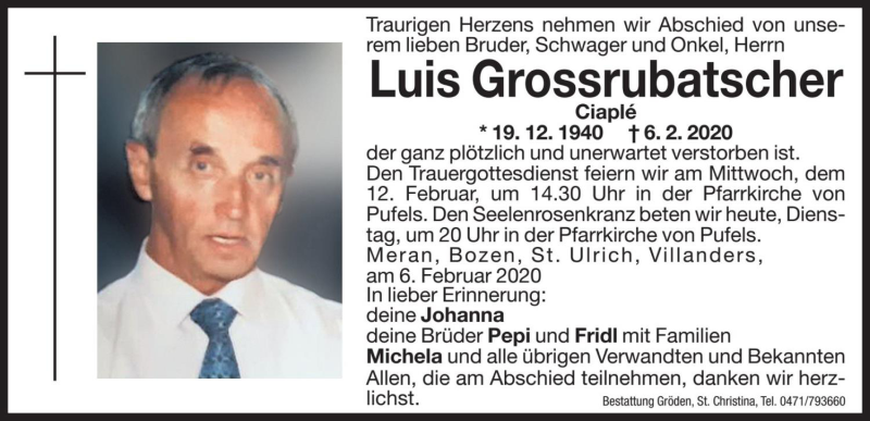  Traueranzeige für Luis Grossrubatscher vom 11.02.2020 aus Dolomiten