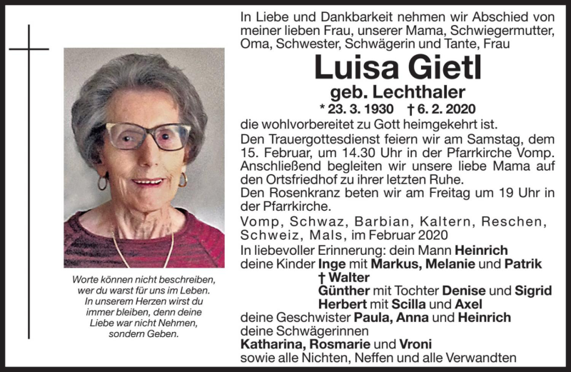 Traueranzeige für Luisa Gietl vom 11.02.2020 aus Dolomiten
