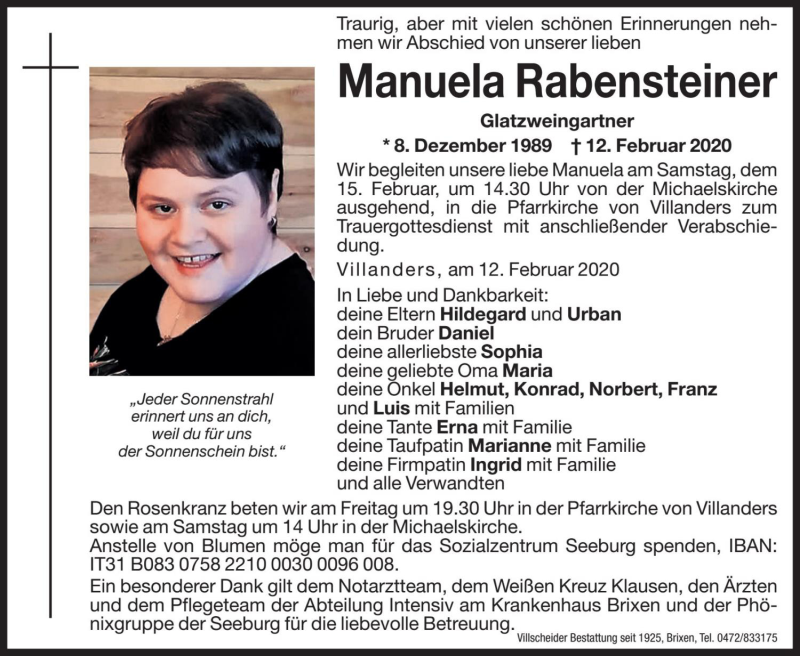  Traueranzeige für Manuela Rabensteiner vom 14.02.2020 aus Dolomiten