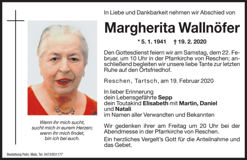  Traueranzeige für Margherita Wallnöfer vom 21.02.2020 aus Dolomiten