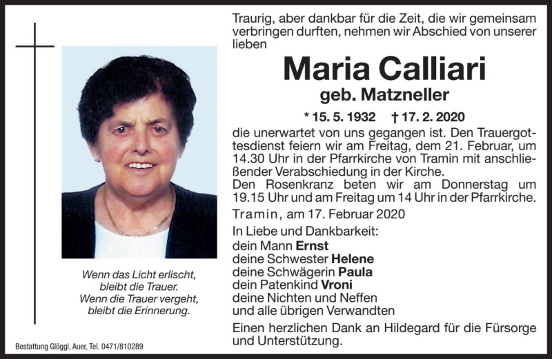  Traueranzeige für Maria Calliari vom 19.02.2020 aus Dolomiten