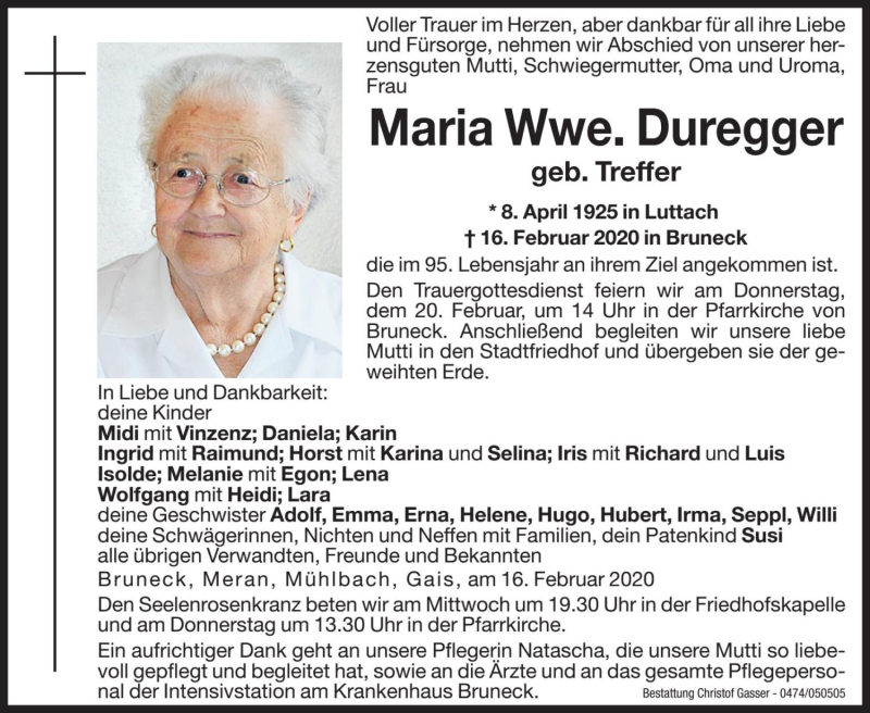  Traueranzeige für Maria Duregger vom 19.02.2020 aus Dolomiten