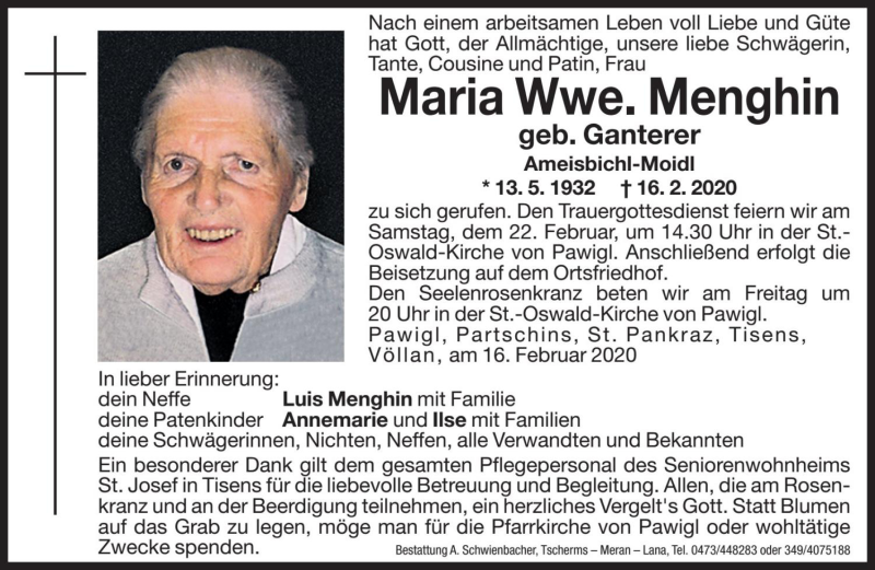  Traueranzeige für Maria Menghin vom 19.02.2020 aus Dolomiten