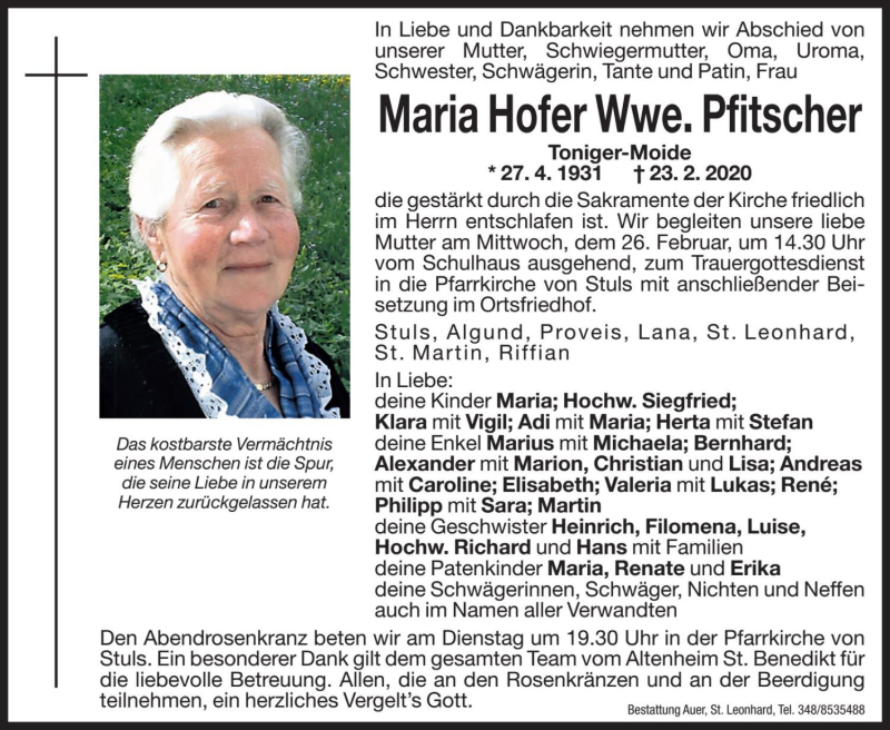  Traueranzeige für Maria Pfitscher vom 25.02.2020 aus Dolomiten