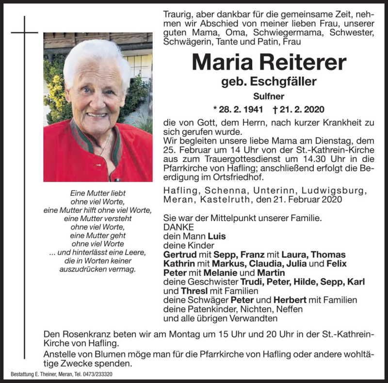  Traueranzeige für Maria Reiterer vom 24.02.2020 aus Dolomiten