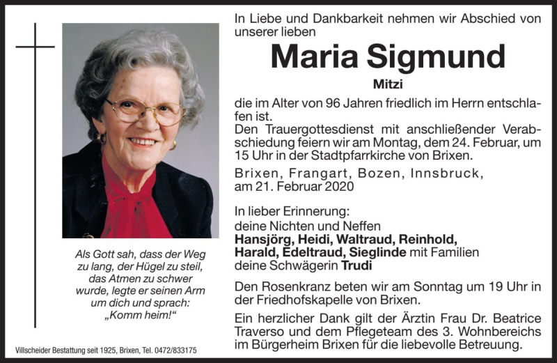  Traueranzeige für Maria Sigmund vom 22.02.2020 aus Dolomiten