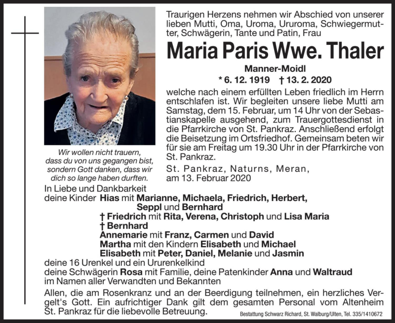  Traueranzeige für Maria Thaler vom 14.02.2020 aus Dolomiten