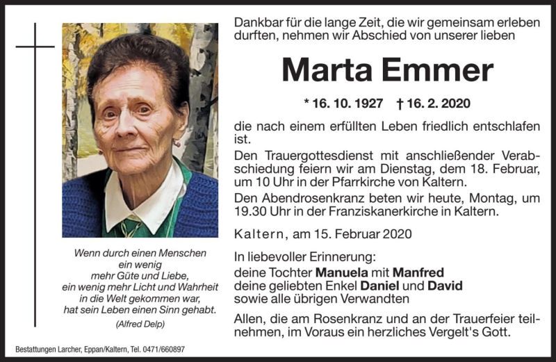  Traueranzeige für Marta Emmer vom 17.02.2020 aus Dolomiten