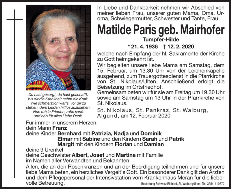  Traueranzeige für Matilde Paris vom 14.02.2020 aus Dolomiten