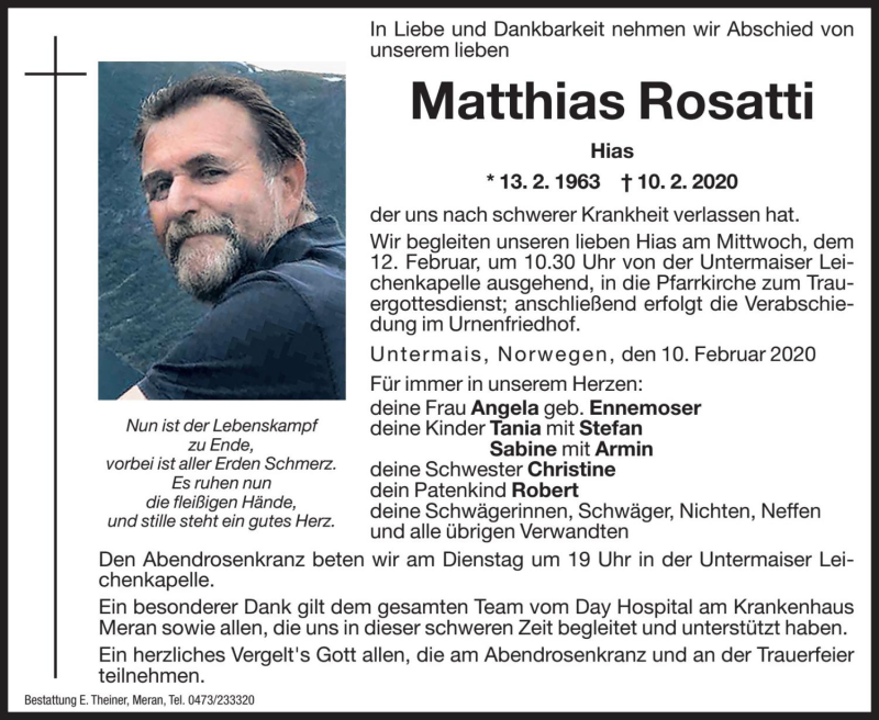  Traueranzeige für Matthias Rosatti vom 11.02.2020 aus Dolomiten