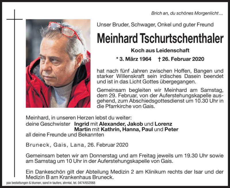  Traueranzeige für Meinhard Tschurtschenthaler vom 27.02.2020 aus Dolomiten