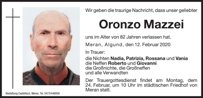  Traueranzeige für Oronzo Mazzei vom 22.02.2020 aus Dolomiten