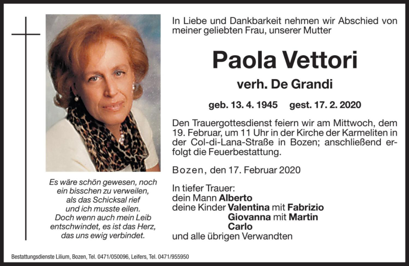  Traueranzeige für Paola De Grandi vom 18.02.2020 aus Dolomiten
