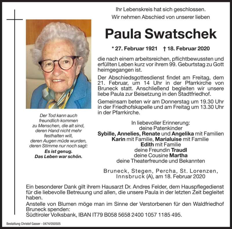  Traueranzeige für Paula Swatschek vom 20.02.2020 aus Dolomiten