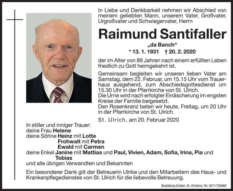  Traueranzeige für Raimund Sanitfaller vom 21.02.2020 aus Dolomiten
