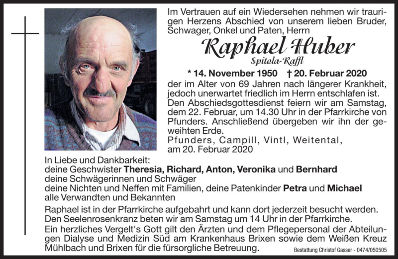 Traueranzeige für Raphael Huber vom 22.02.2020 aus Dolomiten