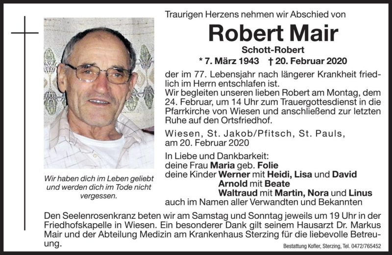  Traueranzeige für Robert Mair vom 21.02.2020 aus Dolomiten