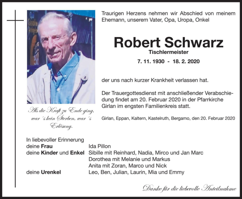  Traueranzeige für Robert Schwarz vom 20.02.2020 aus Dolomiten