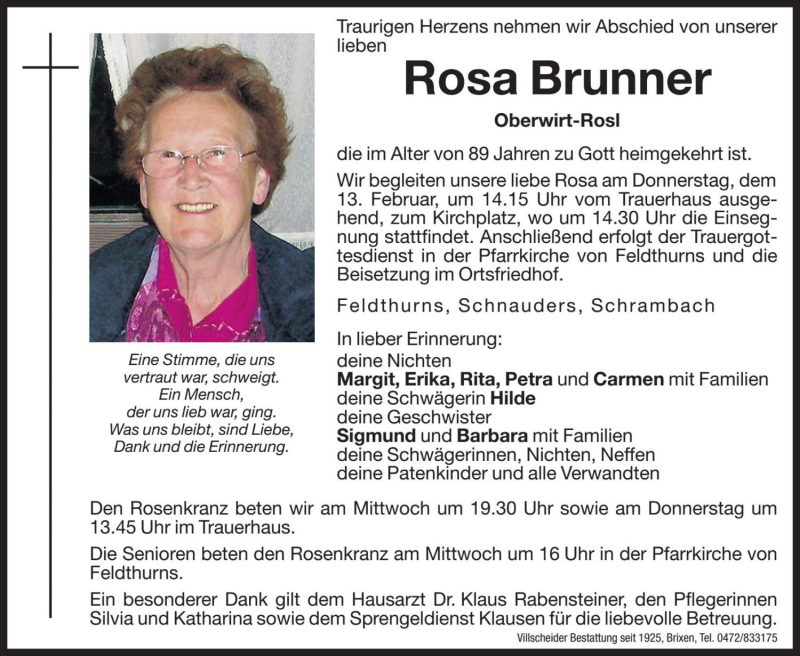  Traueranzeige für Rosa Brunner vom 12.02.2020 aus Dolomiten