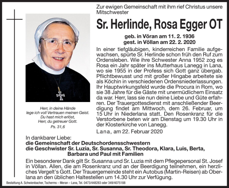  Traueranzeige für Rosa Egger vom 25.02.2020 aus Dolomiten