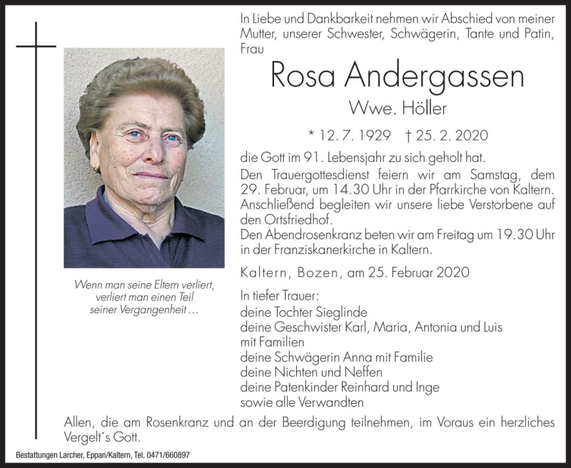  Traueranzeige für Rosa Höller vom 27.02.2020 aus Dolomiten