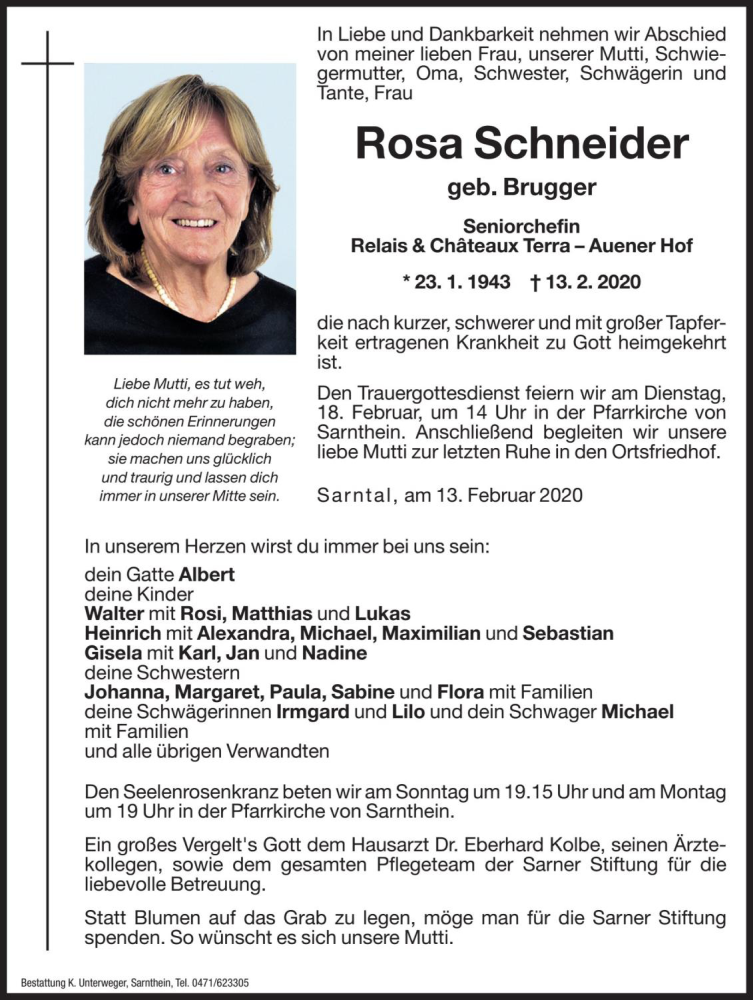  Traueranzeige für Rosa Schneider vom 15.02.2020 aus Dolomiten