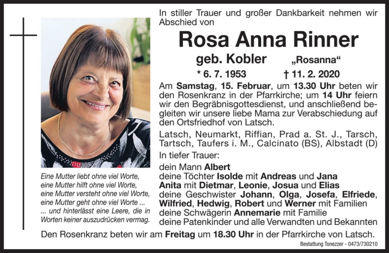 Traueranzeige für Rosa Anna Rinner vom 14.02.2020 aus Dolomiten