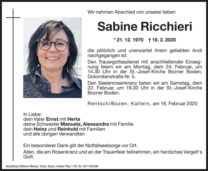  Traueranzeige für Sabine Ricchieri vom 21.02.2020 aus Dolomiten