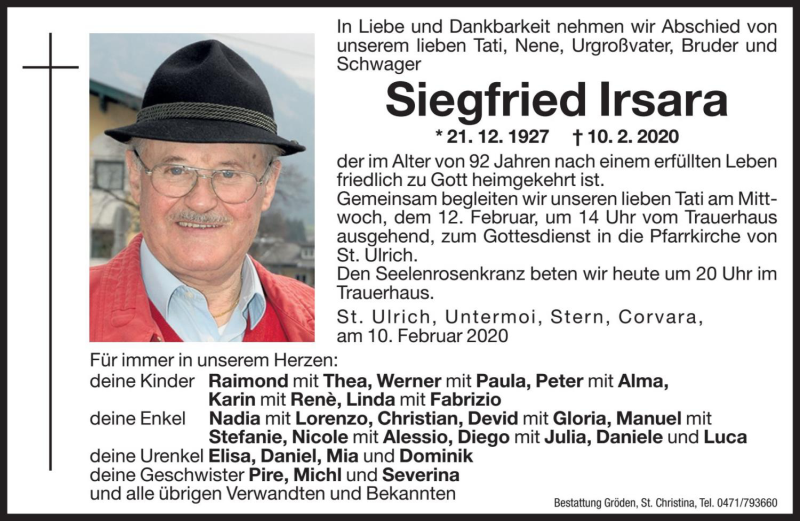  Traueranzeige für Siegfried Irsara vom 11.02.2020 aus Dolomiten